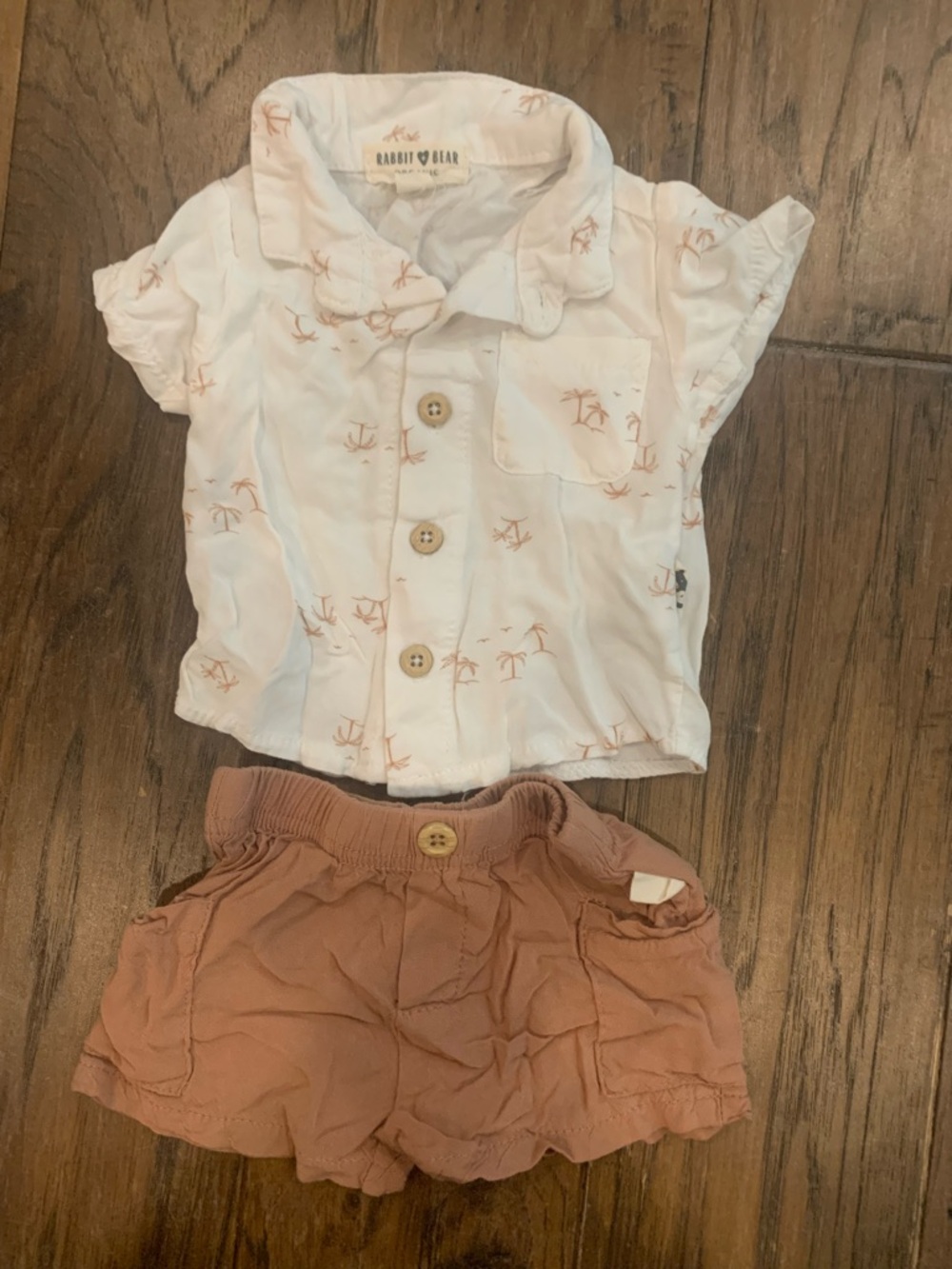 Rabbit & Bear White Palm Print Button Shirt with Muted Rust Orange Shorts